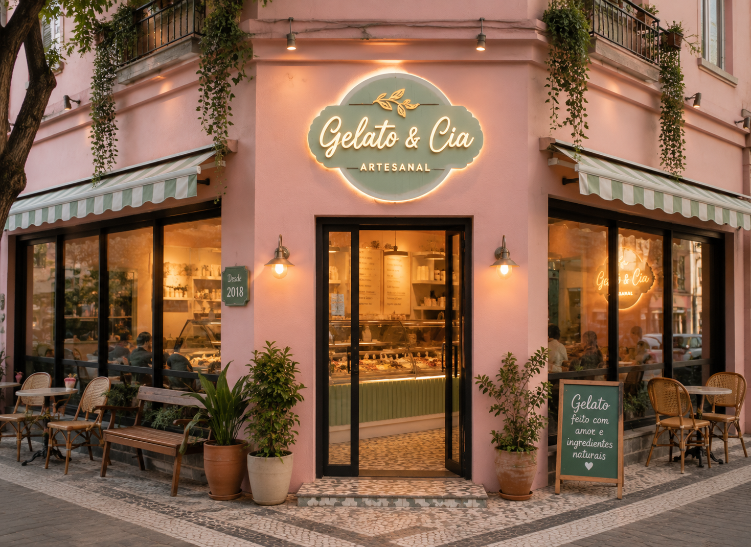 Fachada externa da Gelato & Cia em uma esquina, com toldos e mesas na calçada
