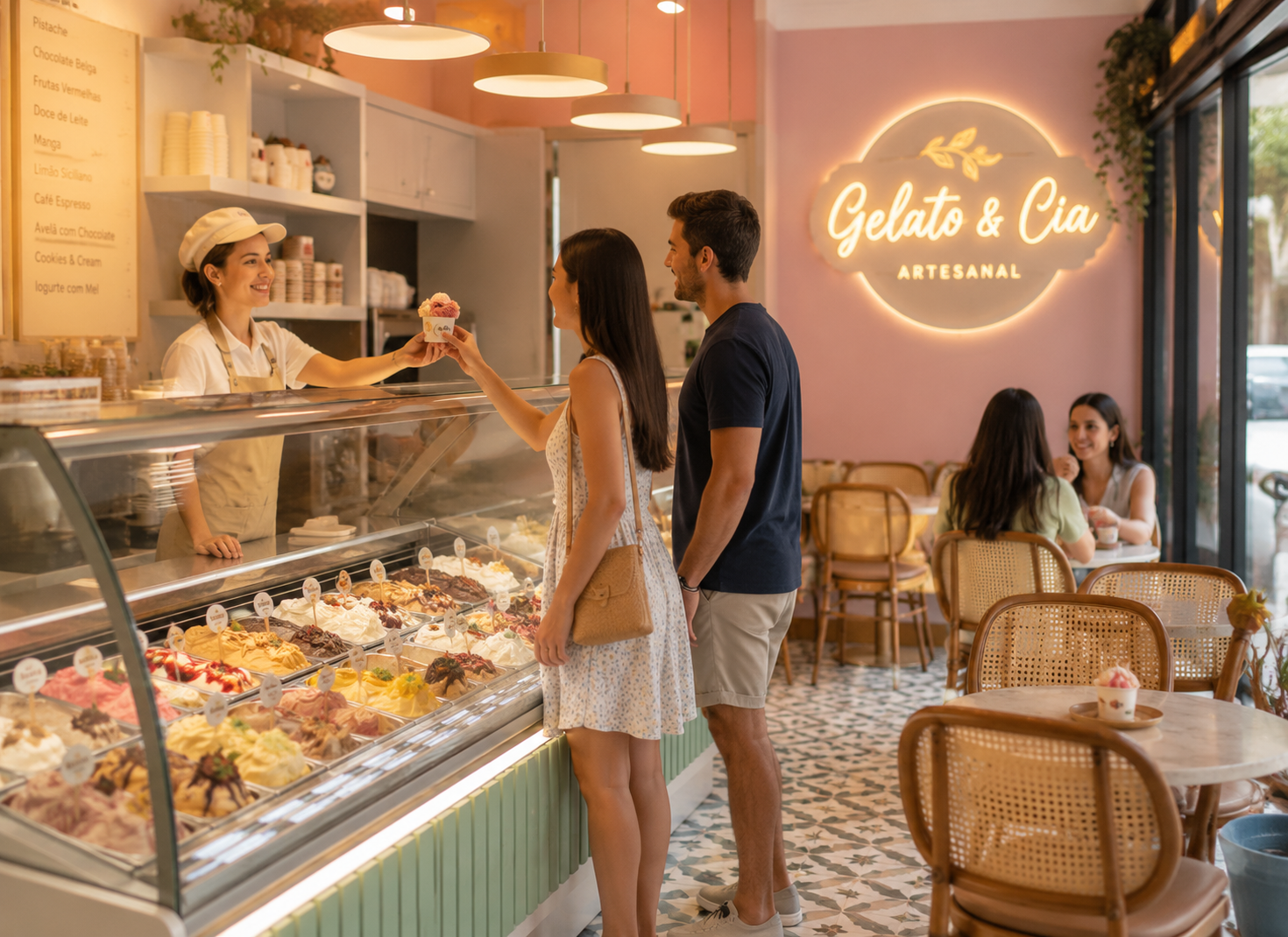 Atendente entregando sorvete a um casal dentro da Gelato & Cia