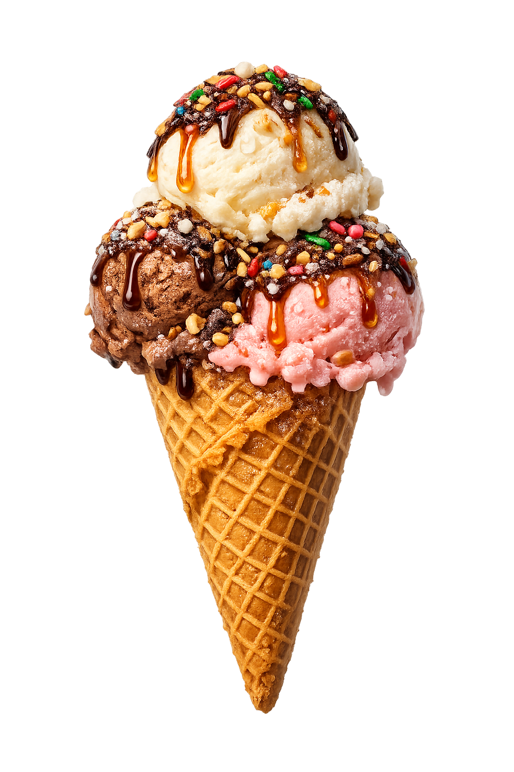 Casquinha artesanal com três bolas de sorvete: chocolate, baunilha e morango, com calda de chocolate e granulado.